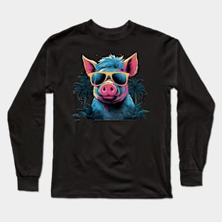 Retro Wave Happy Micro Pig Vibes Long Sleeve T-Shirt